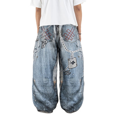 Mega Baggy Fleenim - Cartoon Chain Faded Blue - Long Pants