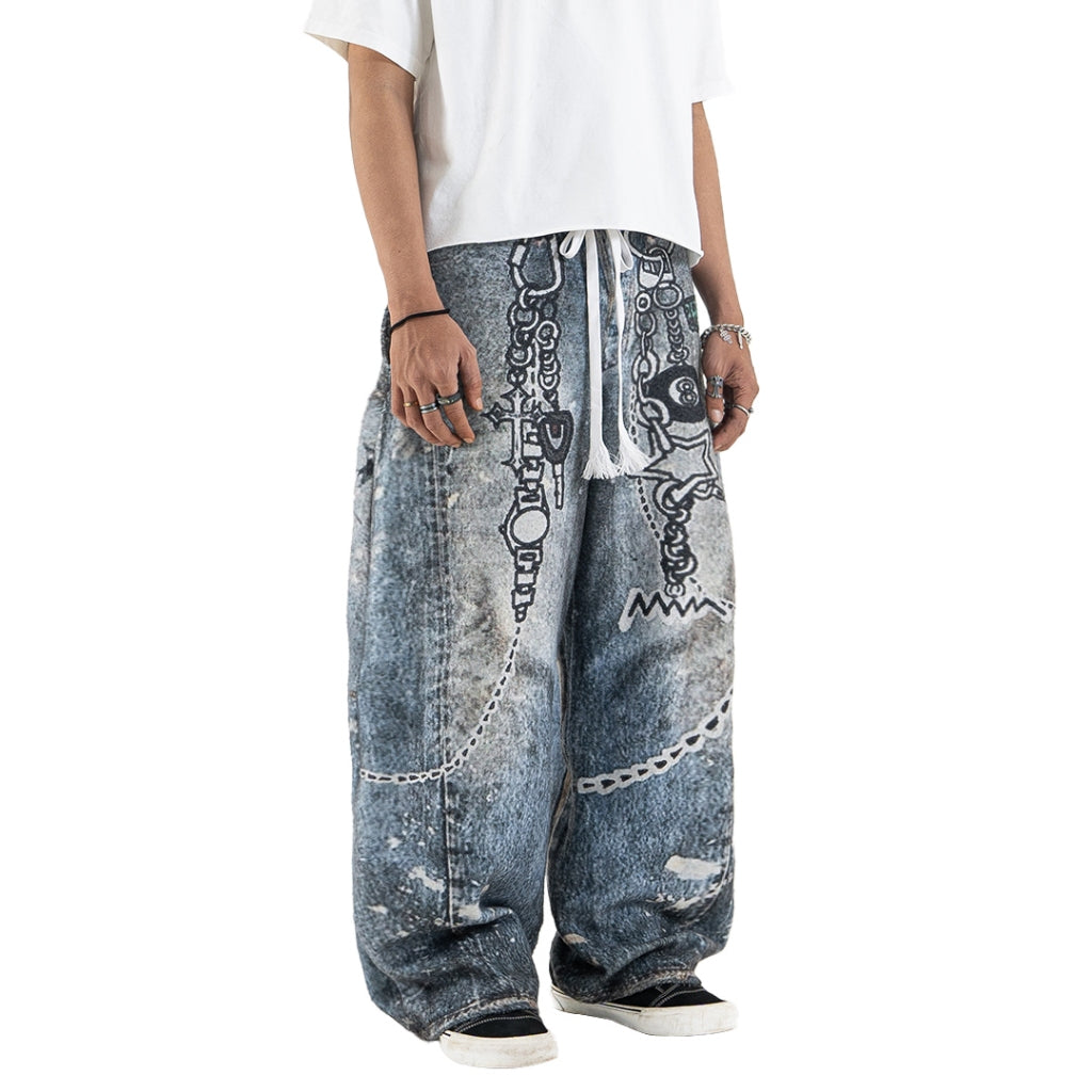 Mega Baggy Fleenim - Cartoon Chain Faded Blue - Long Pants