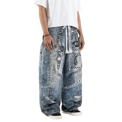 Mega Baggy Fleenim - Cartoon Chain Faded Blue - Long Pants