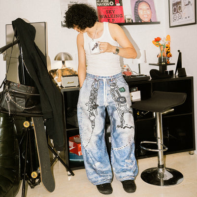 Mega Baggy Fleenim - Cartoon Chain Faded Blue - Long Pants