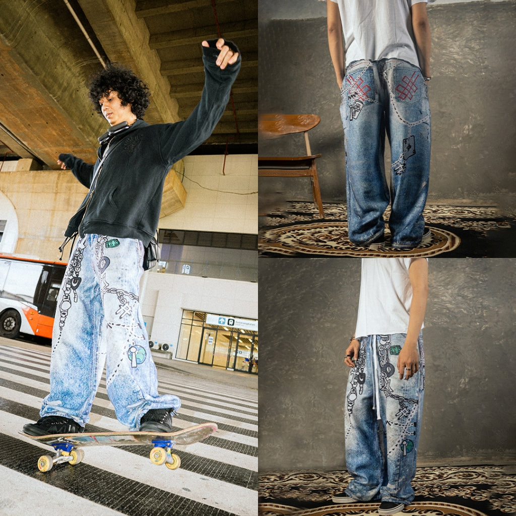 Mega Baggy Fleenim - Cartoon Chain Faded Blue - Long Pants