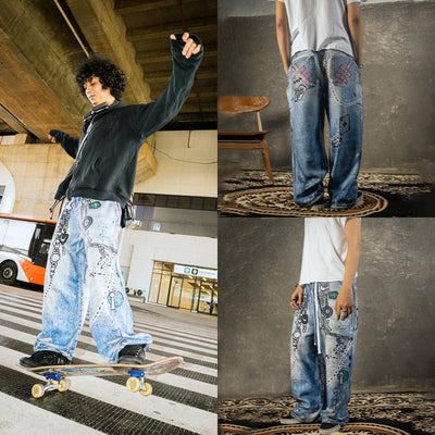 Mega Baggy Fleenim - Cartoon Chain Faded Blue - Long Pants