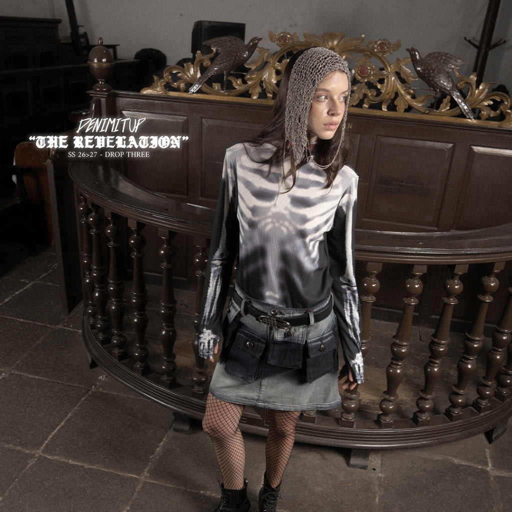 Full Skull Denimitup Cotton Knit Wear - Black Bone - Tshirt