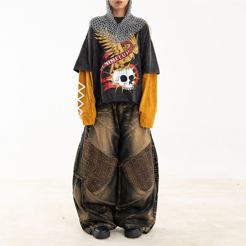 Eagle Skull Double Layer - Washed Cosmic Gold on Black - Tshirt