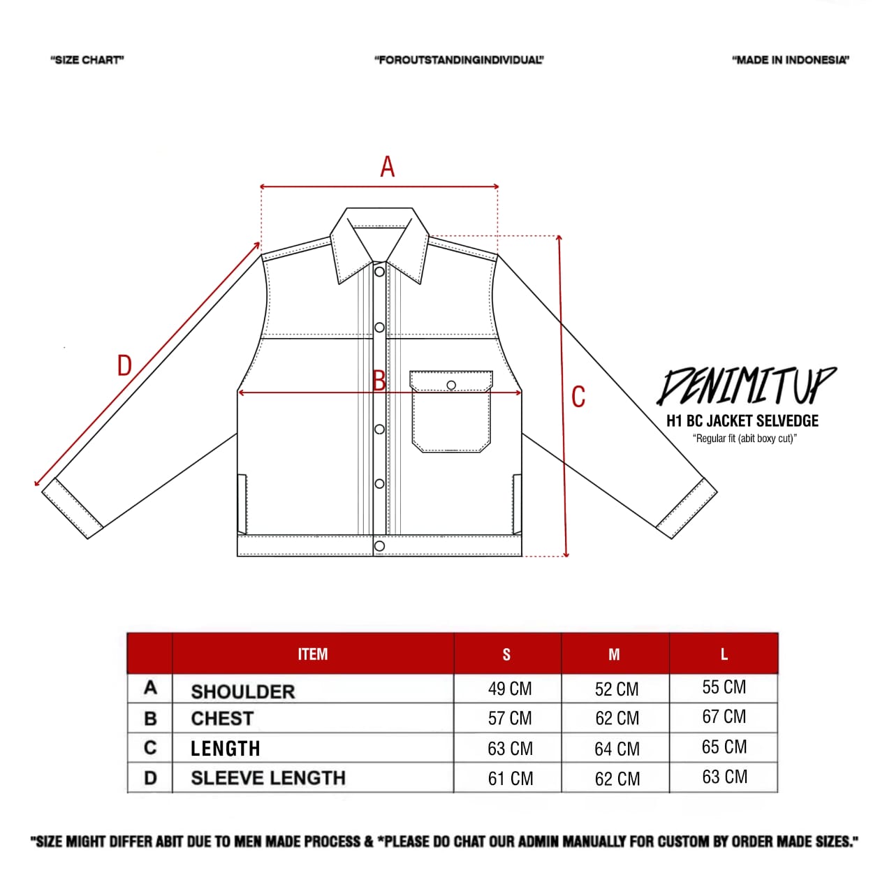 Size guide for H1 Jacket Denimitup x Bhisma - Black selvedge raw - Jacket