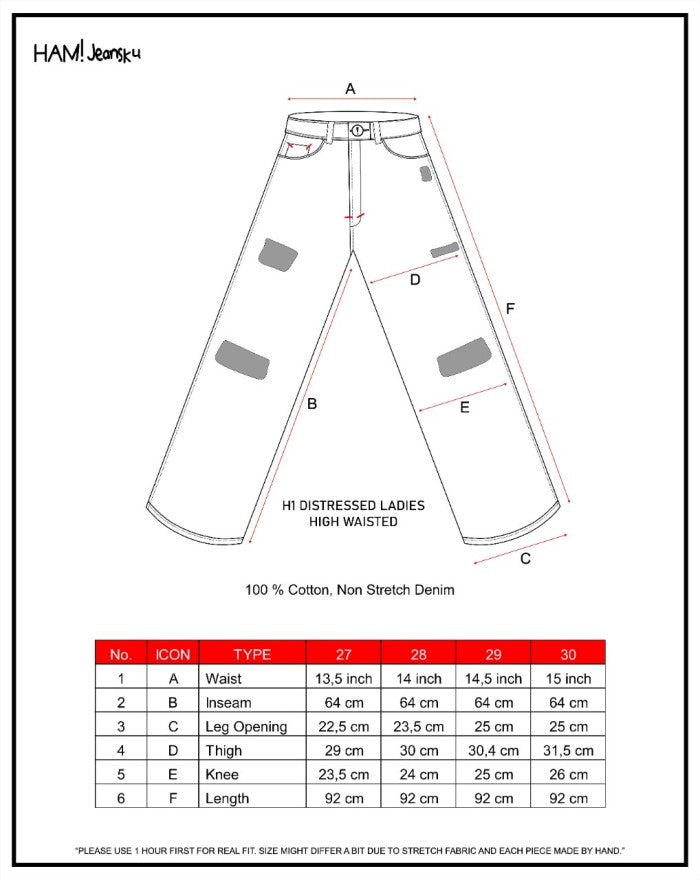 Size guide for H1 high waisted ladies - Dist. snow blue splatter - Jeans Pants