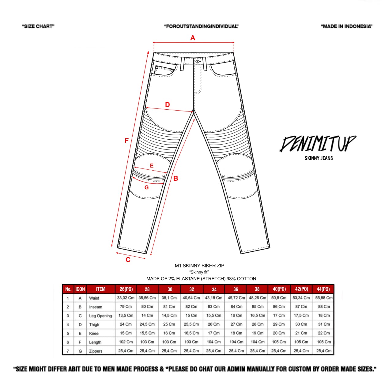 Size guide for M1 Carbon Biker Zip  - Tire Black - Jeans Pants