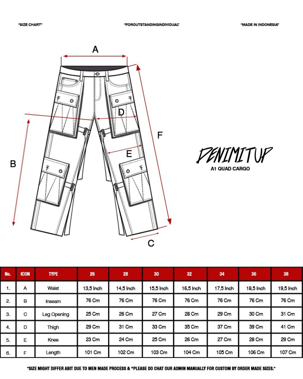 Size guide for A1 quad pocket cargo - Overcast sky - Jeans Pants