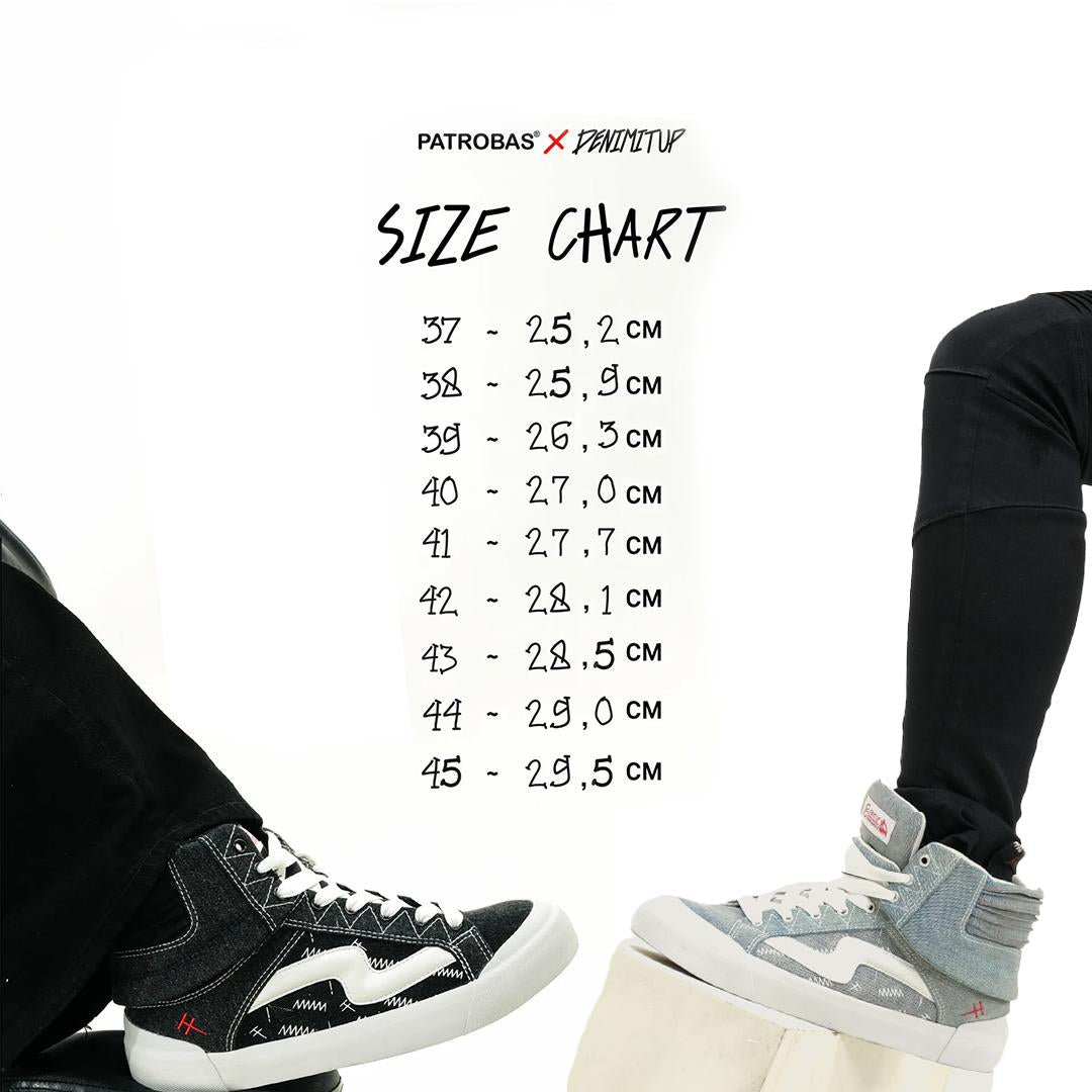 Size guide for DENIMITUP X PATROBAS - Onyx Biker Shoes Series - Shoes