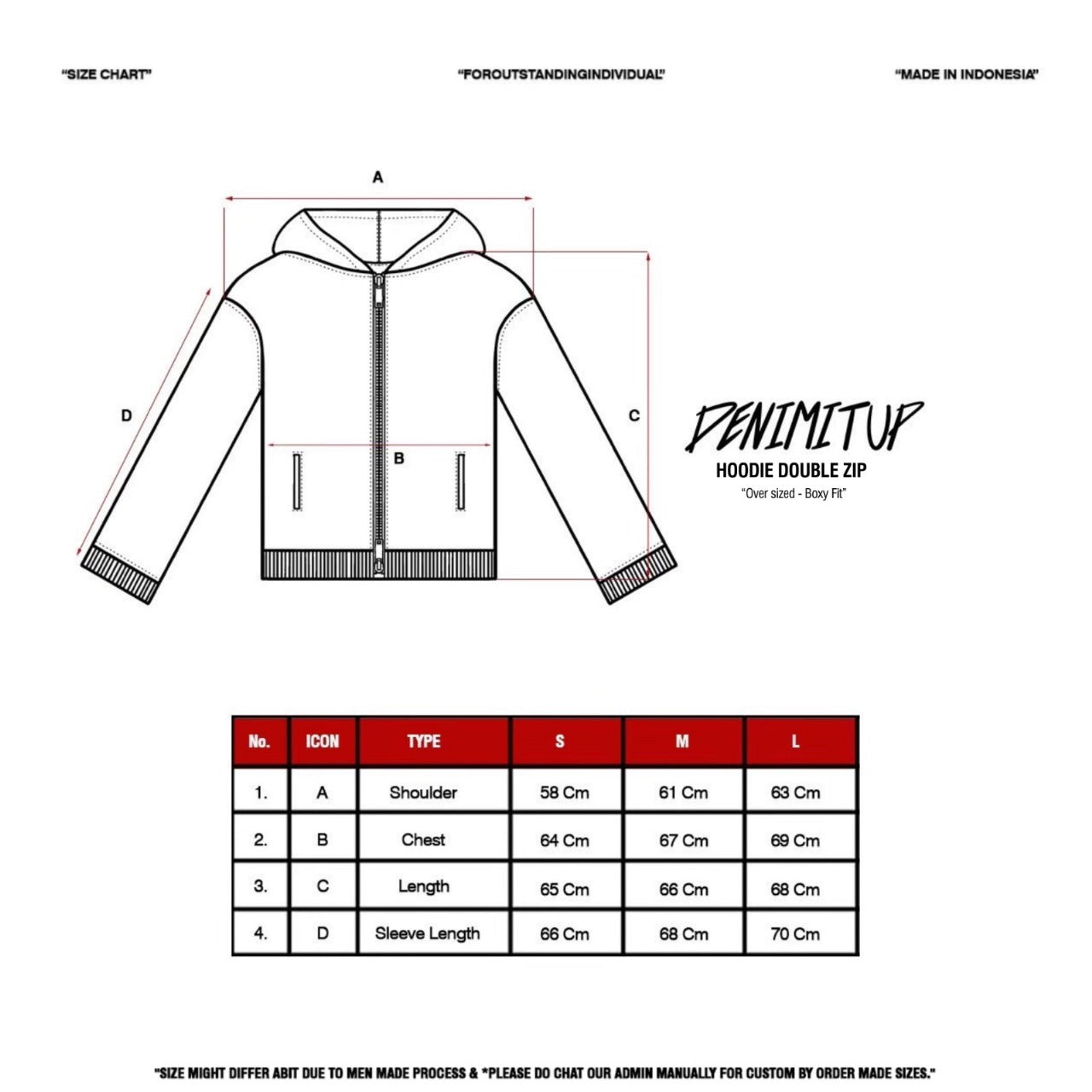 Size guide for Denimitup Trilogo Double Zip - Coal Black - Hoodie Pria