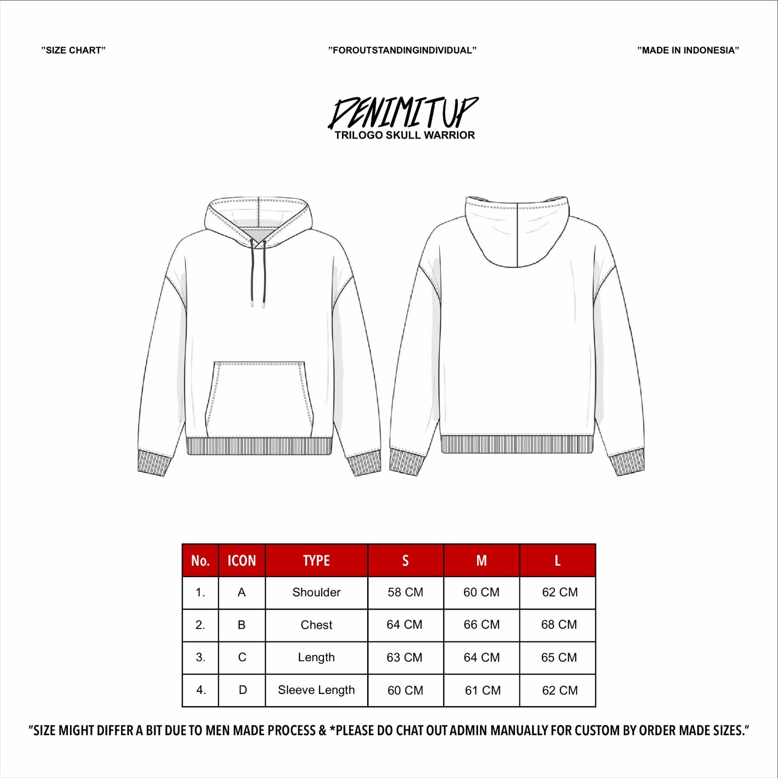 Size guide for DENIMITUP Trilogo skull warrior - Black - Hoodie