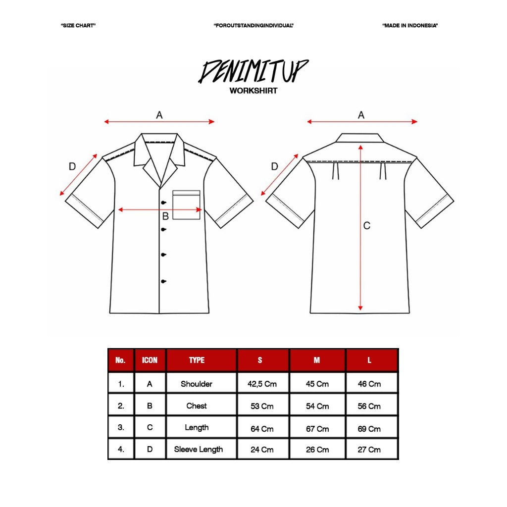 Size guide for DENIMITUP embroidered work denim shirt - Side light blue - Shirt
