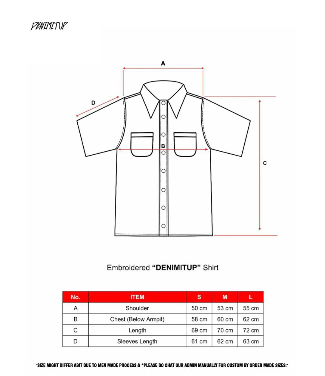 Size guide for DENIMITUP embroidered work denim shirt - Chroma purple x Roycdc - Shirt
