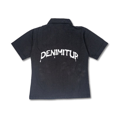 "DENIMITUP" embroidered work denim shirt - Black - Baju Kaos