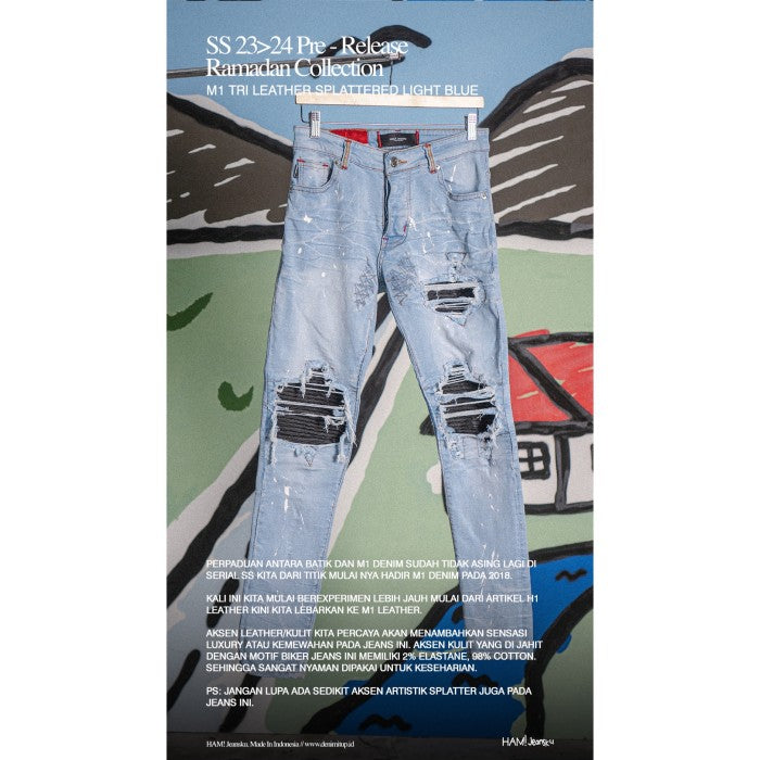 M1 tri leather - Splattered light blue - Celana Jeans