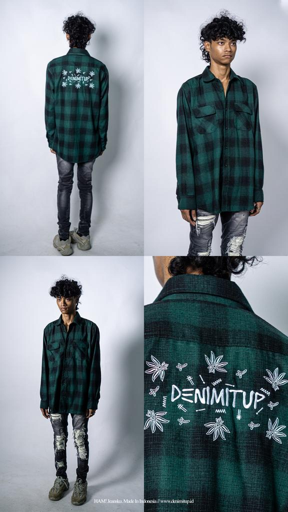 DENIMITUP - Green embroidered batik flannel - Kemeja pria